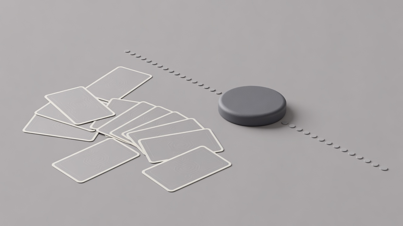 Soft-lit conceptual render of generic game cards, a scoring track and a large confirmation control