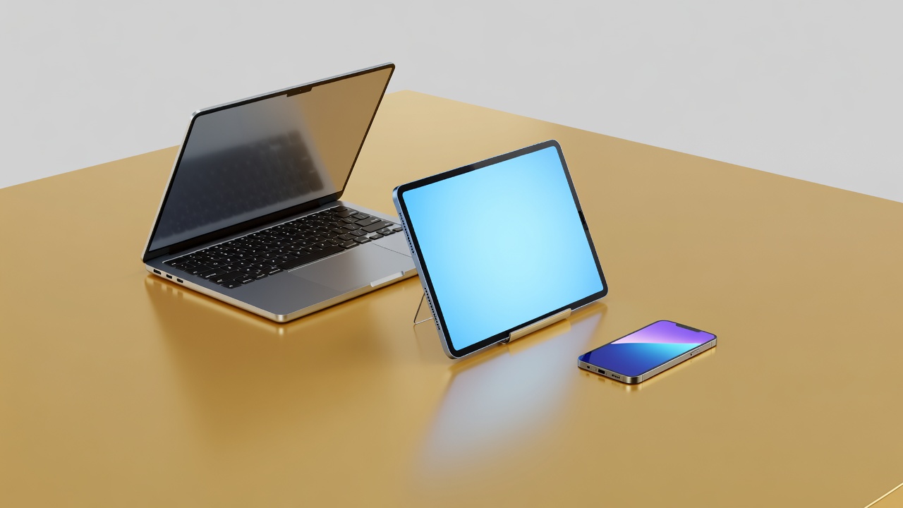 Conceptual 3D scene of a laptop, tablet and phone around a generic golden tabletop