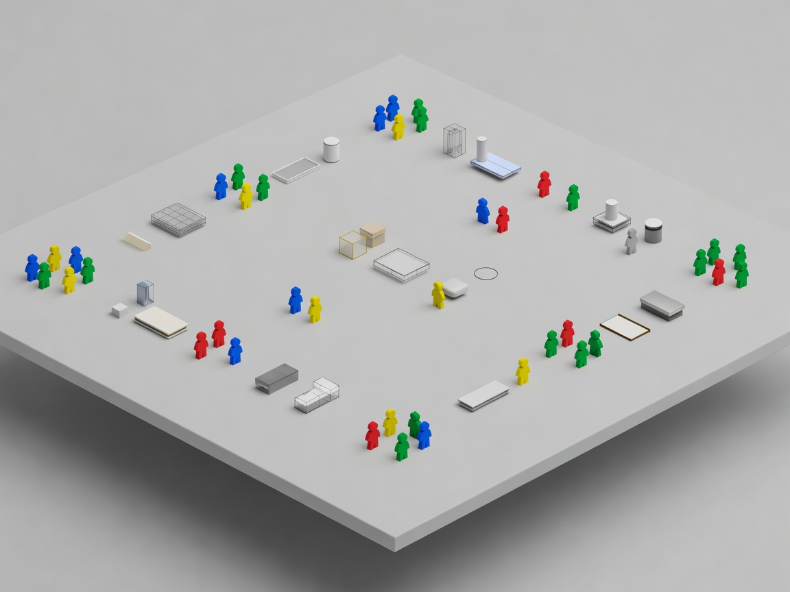 Conceptual 3D planning scene with player markers, device shapes and a shared tabletop