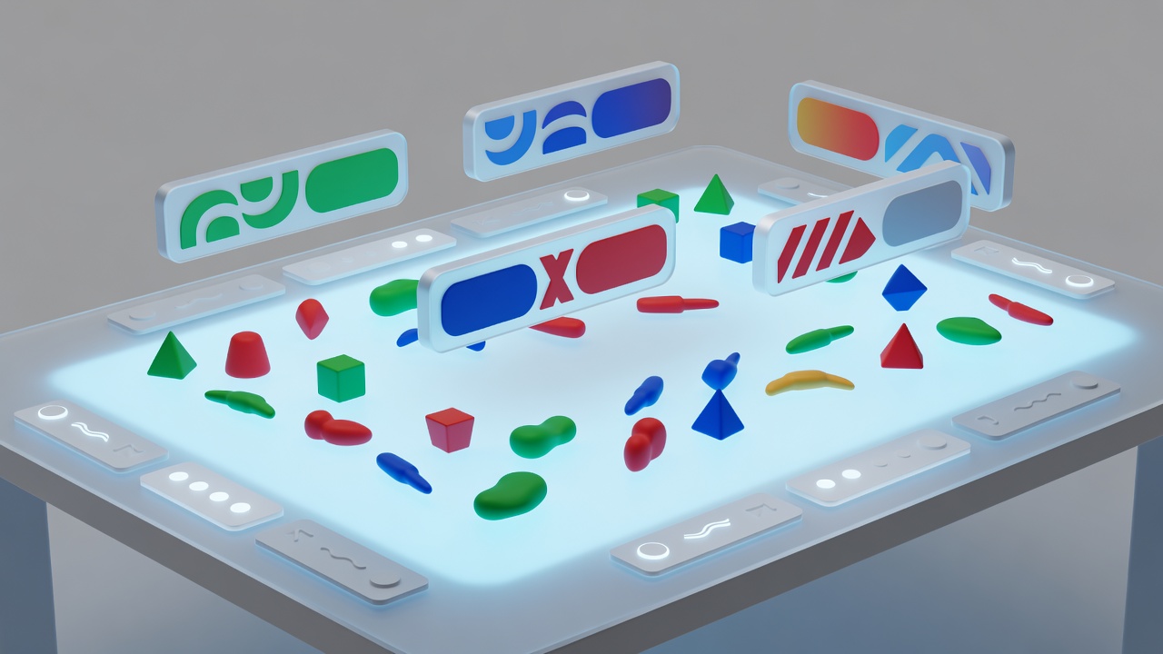 Conceptual 3D virtual table with large labels, differently shaped player markers and uncluttered controls