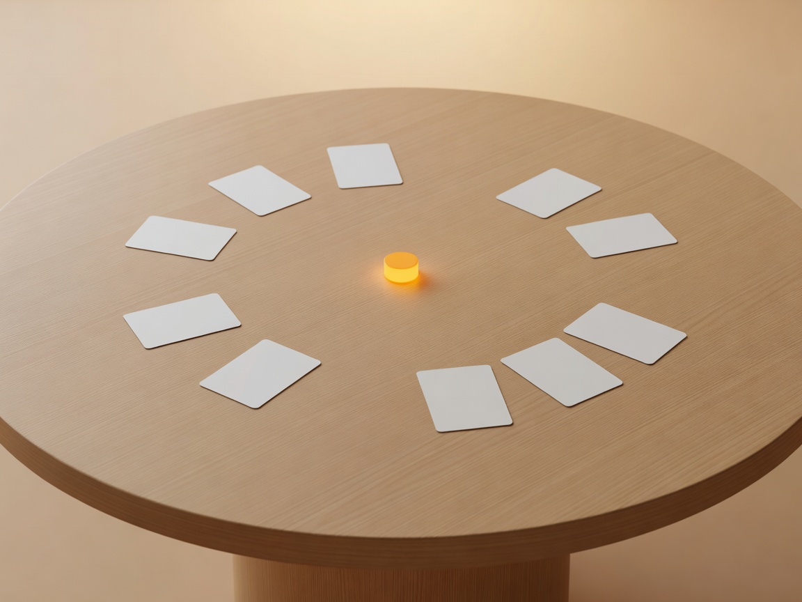 Soft-lit 3D concept of a simple practice table with face-up cards and a highlighted turn marker