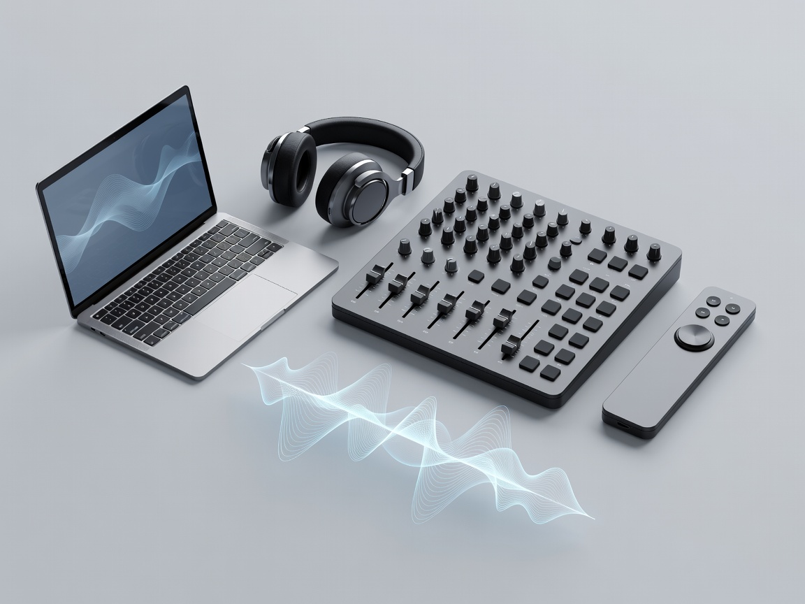 Conceptual 3D arrangement of a laptop, headphones and a large readable join-table control